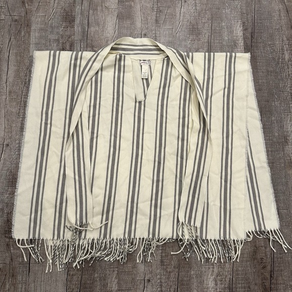 Free People Sweaters - Free People Striped‎ Poncho Wrap Cape Fringe Hem One Sz Cream Gray Boho Festival
